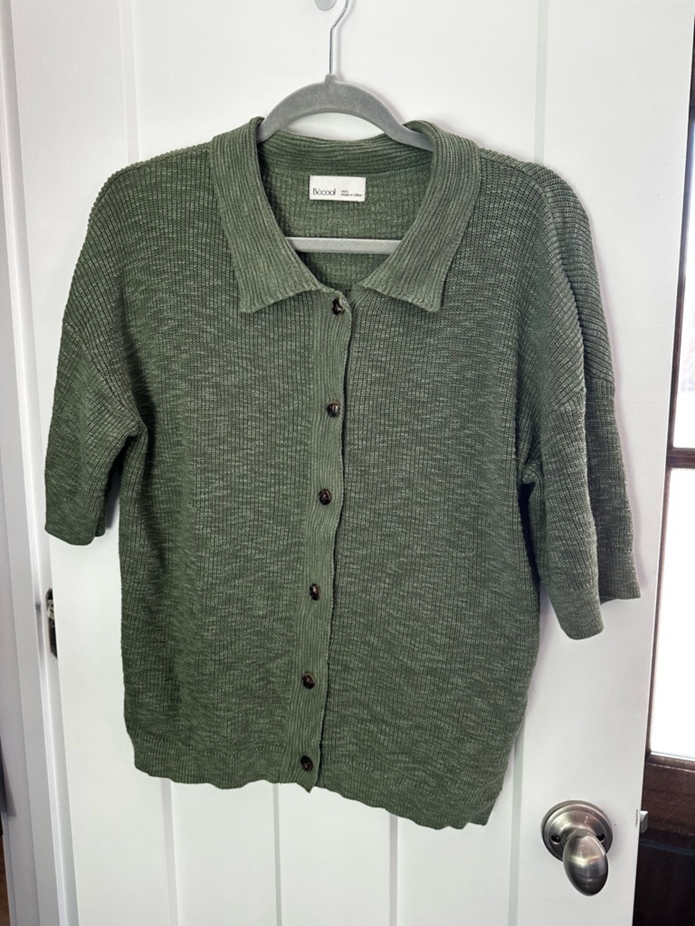 Becool Collared Olive Green Button-Front Women's Cardigan